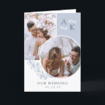 Dove Blue Greenery Overlapping Photos Wedding Programme<br><div class="desc">Folded wedding program in white and dove blue with your initials,  overlapping photos,  and greenery with clean elegant fonts. Photo wedding program with a modern design personalised with your monogram and photos.</div>
