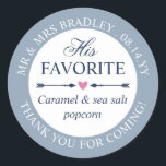 Dove Blue Heart Arrows His Favourite Wedding Favou Classic Round Sticker<br><div class="desc">Personalised his favourite wedding candy stickers for your wedding treat bags you'll give to your guests as a thanks for attending your wedding! In curved text against a dusty blue border, add your names, wedding date, and a thank you. Write the type of treat the bag or package contains. The...</div>