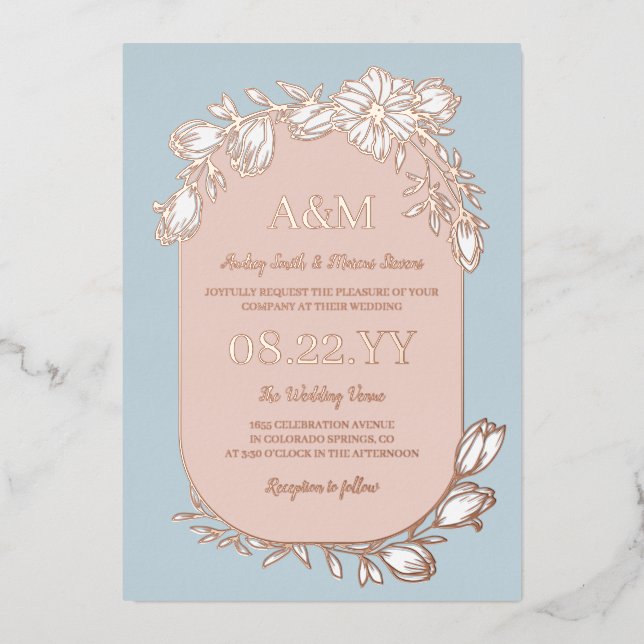 Dove Blue Rose Gold White Floral Frame Wedding (Front)