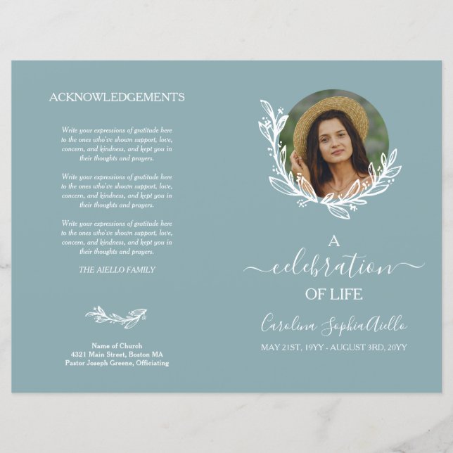 Dove Blue Wreath Photo Celebration of Life Program (Front)