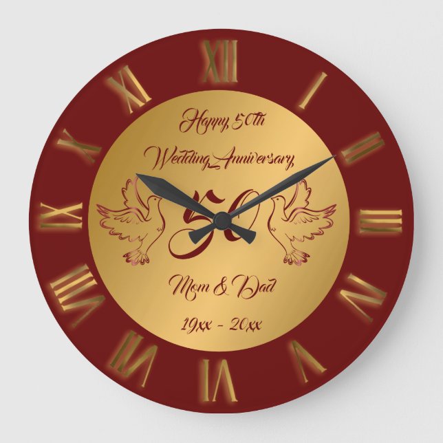 Dove Customise Happy Gold 50th Anniversary Large Clock (Front)