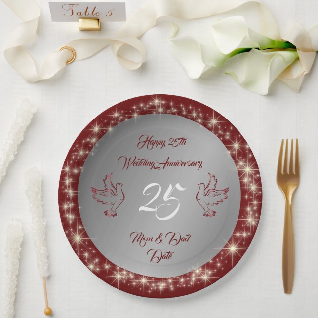 Dove Customise Happy Silver 25th Anniversary Paper Plate (Wedding)