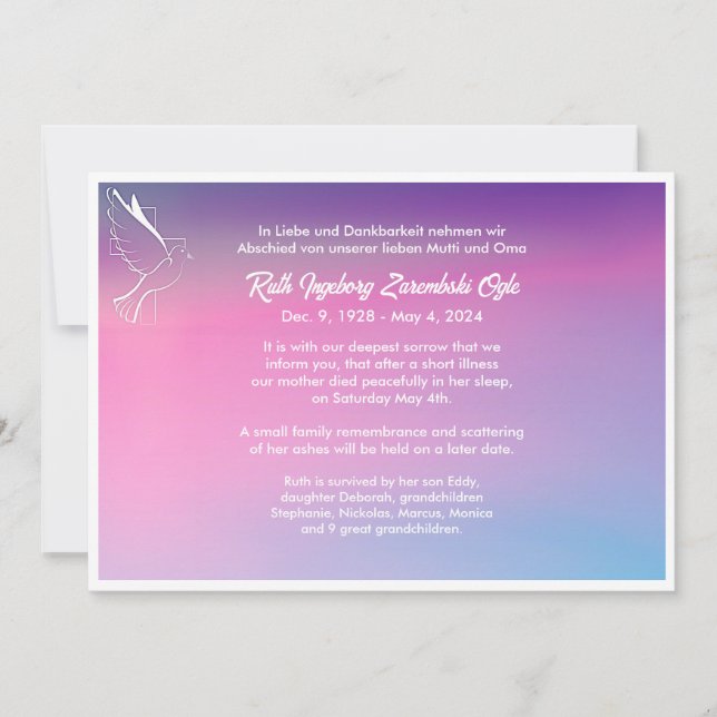 Dove European Style Death Announcement Card (Front)