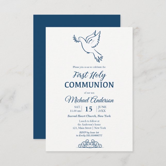 Dove First Communion Blu Elegant Invitation (Front/Back)