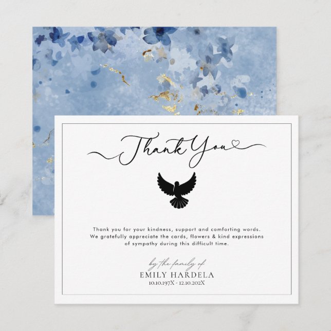 Dove Funeral Thank You Card Golden Blue Floral (Front/Back)