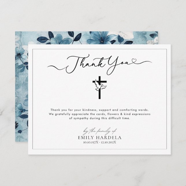 Dove Golden Blue Floral Memorial Thank You Card (Front/Back)