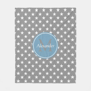 Dove Grey and Carolina Blue Stars Monogram Fleece Blanket