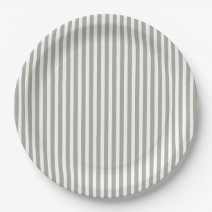 Dove Grey and White Cabana Stripes Paper Plate