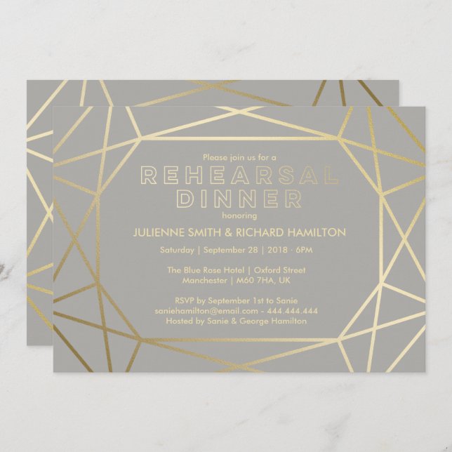 Dove Grey & Gold Sophisticated Rehearsal Dinner Invitation (Front/Back)