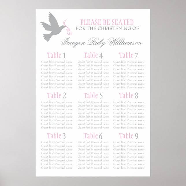 Dove grey pink event seating table plan 1-9 poster (Front)