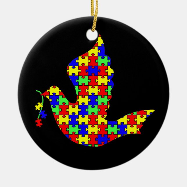 Dove of Hope - Autism Puzzle Pieces Ceramic Tree Decoration (Front)
