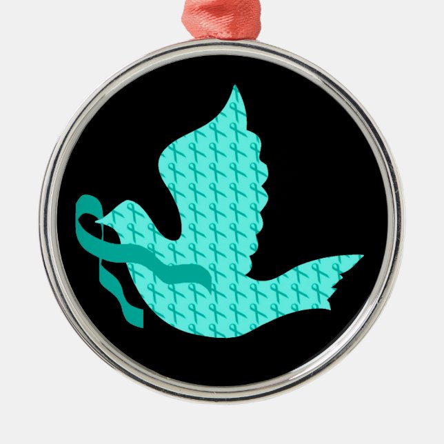 Dove of Hope Teal Ribbon - Ovarian Cancer Metal Tree Decoration (Front)