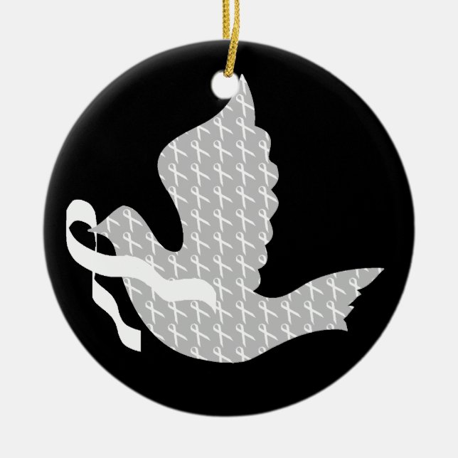 Dove of Hope White Ribbon - Lung Cancer Ceramic Tree Decoration (Front)