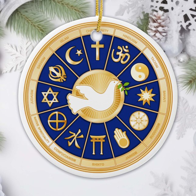 Dove of Peace Ceramic Tree Decoration (Gold icons of world faiths surround the Dove of Peace. )