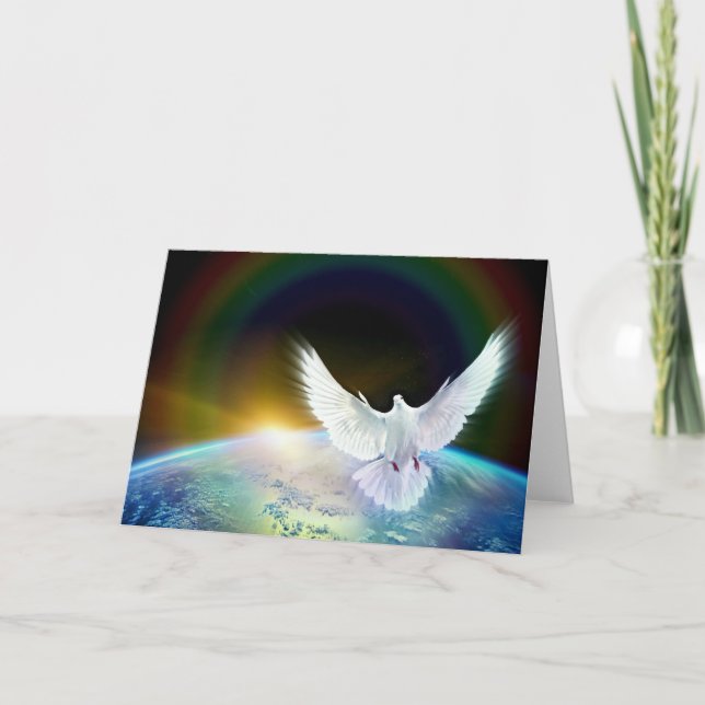 Dove of Peace Holy Spirit over Earth with Rainbow. Holiday Card (Front)
