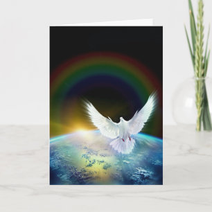 Dove of Peace Holy Spirit over Earth with Rainbow. Holiday Card