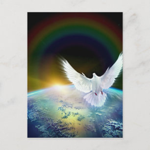 Dove of Peace Holy Spirit over Earth with Rainbow. Postcard