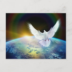 Dove of Peace Holy Spirit over Earth with Rainbow. Postcard