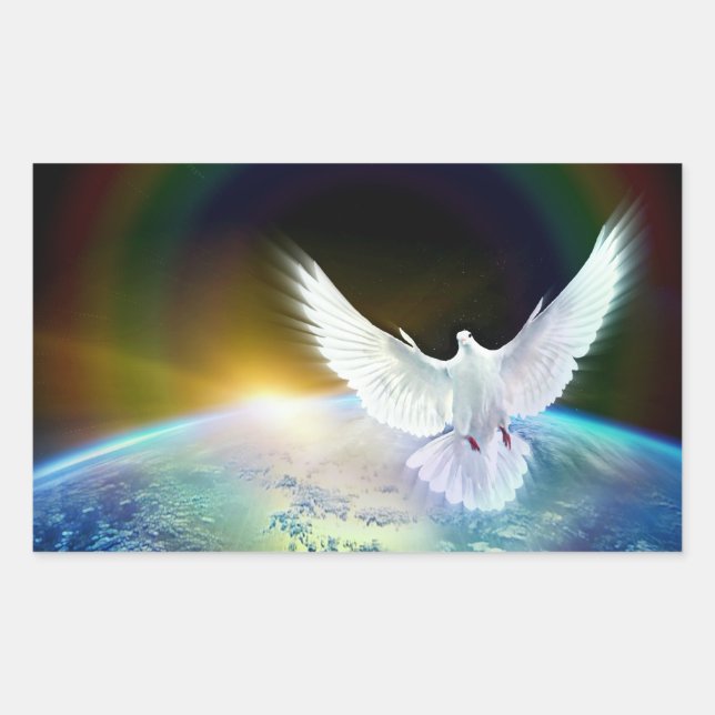 Dove of Peace Holy Spirit over Earth with Rainbow. Rectangular Sticker (Front)