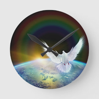 Dove of Peace Holy Spirit over Earth with Rainbow. Round Clock