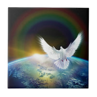 Dove of Peace Holy Spirit over Earth with Rainbow.