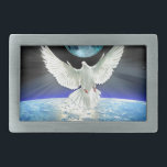 Dove of Peace over Planet Earth Sunrise Belt Buckle<br><div class="desc">A white Dove of Peace spreads its wings above the blue horizon of Planet Earth with a neon blue moon in the background. The sunrise shines at the rim of the world and light rays bathe the Earth. This is a beautiful design to promote world peace and unity for the...</div>