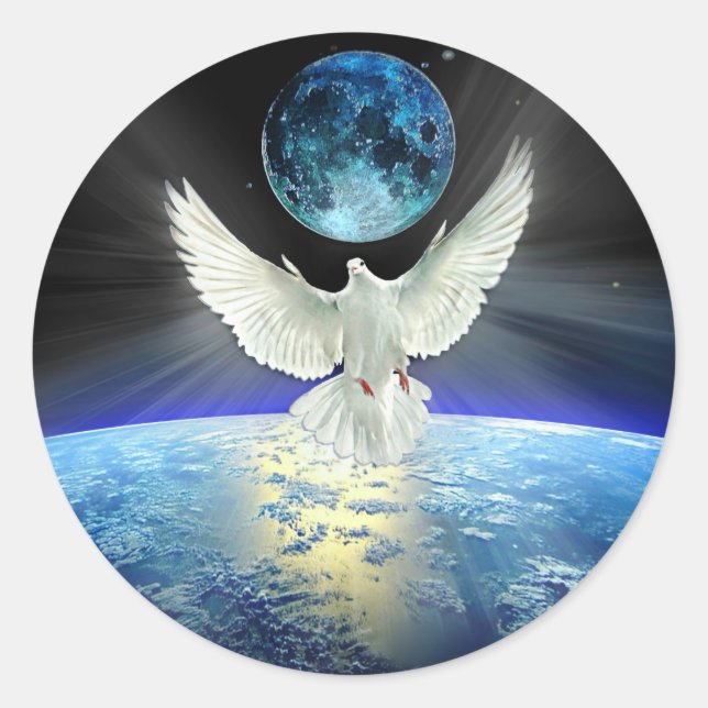 Dove of Peace over Planet Earth Sunrise Classic Round Sticker (Front)