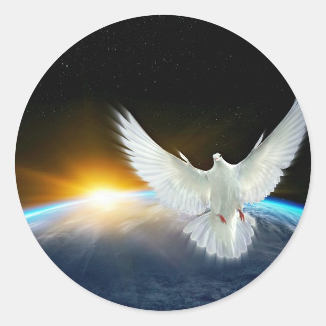 Dove of Peace over Planet Earth Sunrise Classic Round Sticker (Front)