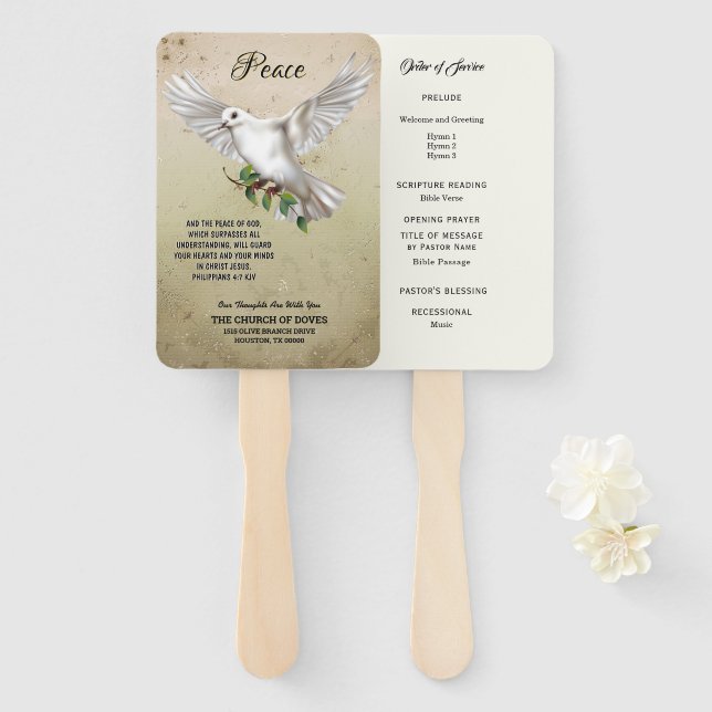Dove of Peace Personalised Scripture Verse Program Hand Fan (Front and Back)