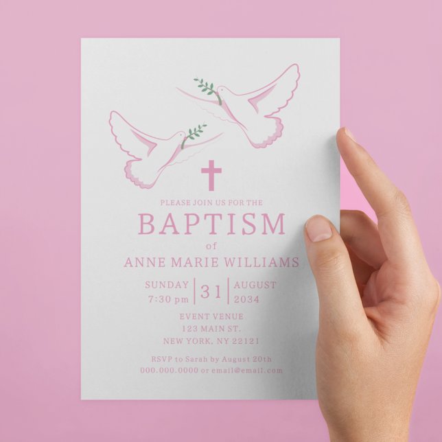 Dove Olive Branch Cross Pink Girl Baptism Invitation (Dove Olive Branch Cross Pink Girl Baptism Invitation
)