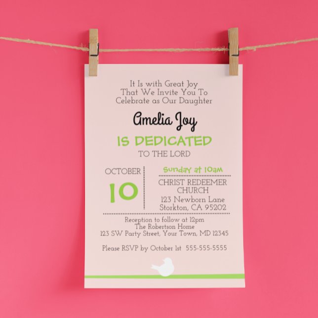Dove on Branch Pink Dedication Invitation (Creator Uploaded)
