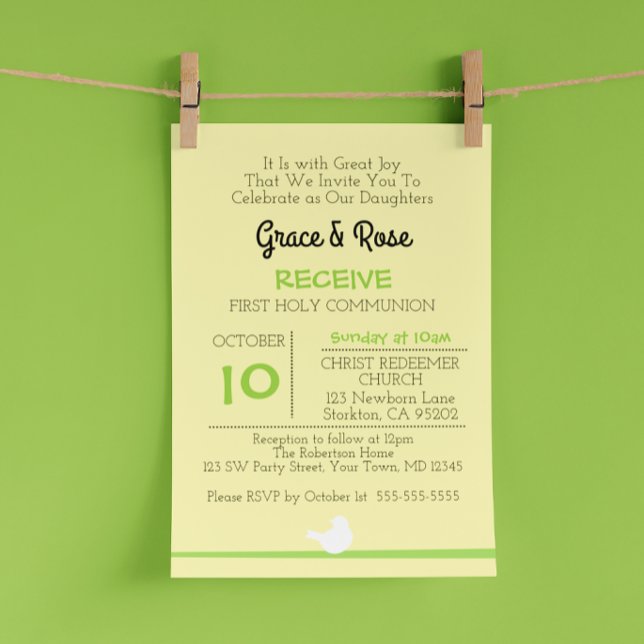 Dove on Branch Yellow First Communion Invitation (Creator Uploaded)