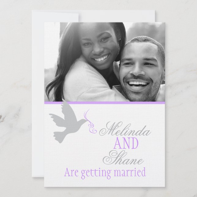 Dove purple ribbon couple photo wedding invitation (Front)
