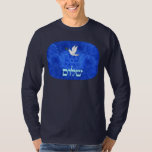 Dove - Shalom T-Shirt<br><div class="desc">Features "shalom" (Hebrew "peace") and a dove carrying a bit of olive branch in its beak on a nice blue and white fractal background which is reminiscent of birds wings. The background image as well as the dove and Hebrew text are independant elements allowing for them all to be sized,...</div>