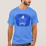 Dove - Shalom T-Shirt<br><div class="desc">Features "shalom" (Hebrew "peace") and a dove carrying a bit of olive branch in its beak on a nice blue and white fractal background which is reminiscent of birds wings. The background image as well as the dove and Hebrew text are independant elements allowing for them all to be sized,...</div>