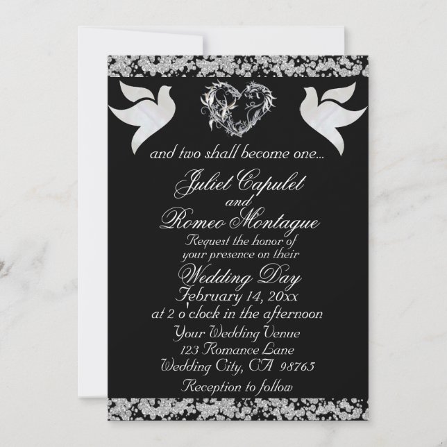 Dove, Silver Heart & Glitter, QR Code - Black Invitation (Front)