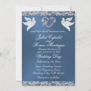 Dove, Silver Heart & Glitter, QR Code - Blue Invitation