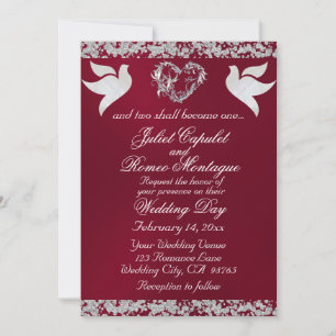 Dove, Silver Heart & Glitter, QR Code - Burgudy Invitation