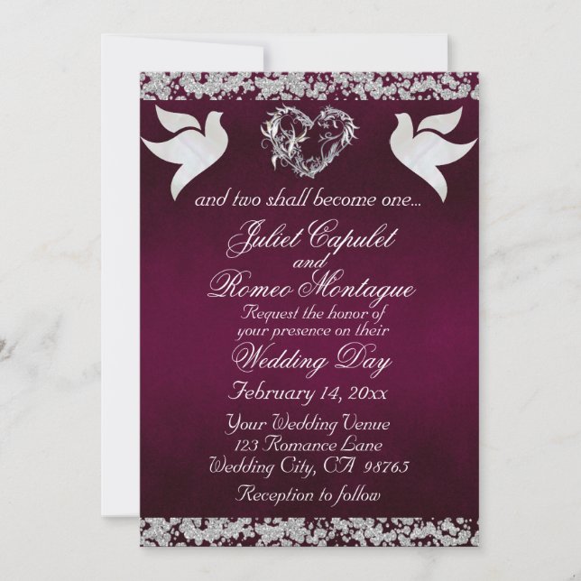 Dove, Silver Heart & Glitter, QR Code - Purple Invitation (Front)