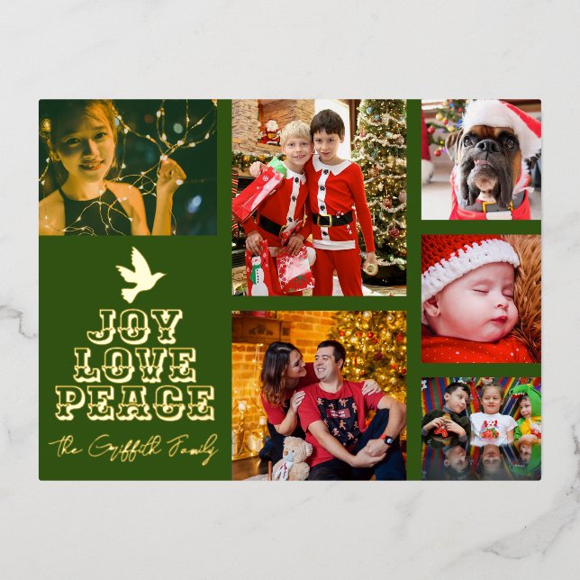 Dove tree joy love peace six photos green gold foil holiday postcard (Front)