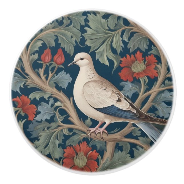 Dove William Morris style Left facing Bird Ceramic Knob (Front)
