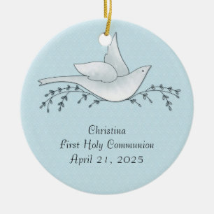 Dove with Branches, Blue, First Communion Ceramic Tree Decoration