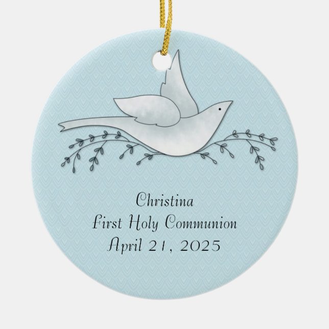 Dove with Branches, Blue, First Communion Ceramic Tree Decoration (Front)