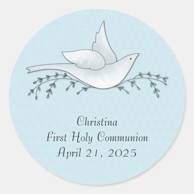 Dove with Branches, Blue, First Communion Classic Round Sticker (Front)