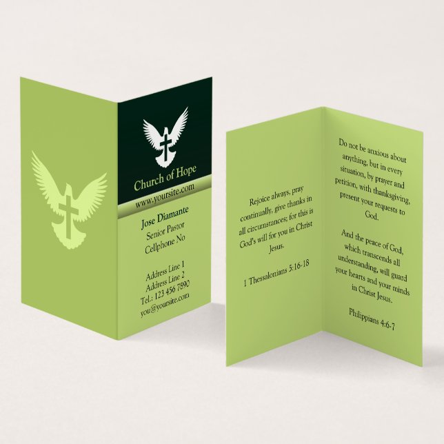 Dove with Cross Forest Green Vertical Folded Business Card (Inside and Outside)