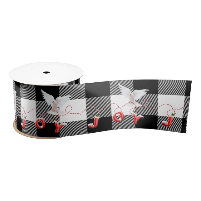 Dove with Joy Text on Buffalo Plaid Satin Ribbon (Spool)