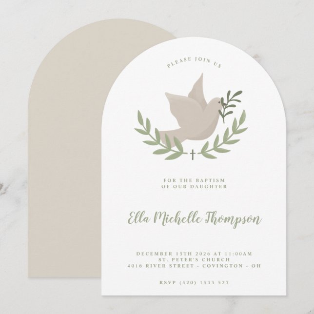 Dove with Twig Unisex Baptism Flat Invitation (Front/Back)