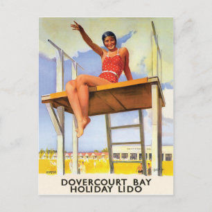 Dovercourt bay, girl on diving board, vintage postcard