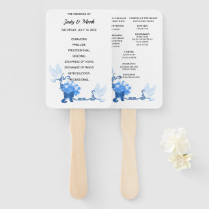 Doves And Blue Flowers Wedding Program Hand Fan