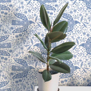 Doves and Flowers Blue and White Bird Art Wallpaper